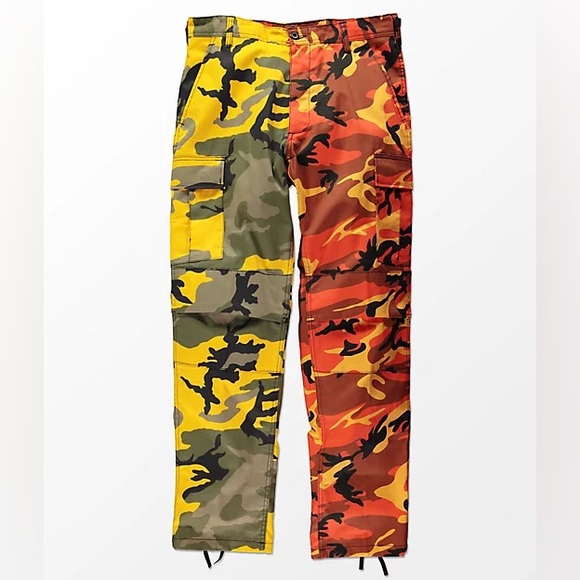 ZUMIEZ || Half Orange Half Yellow Camo Cargo Pants - Picture 2 of 4